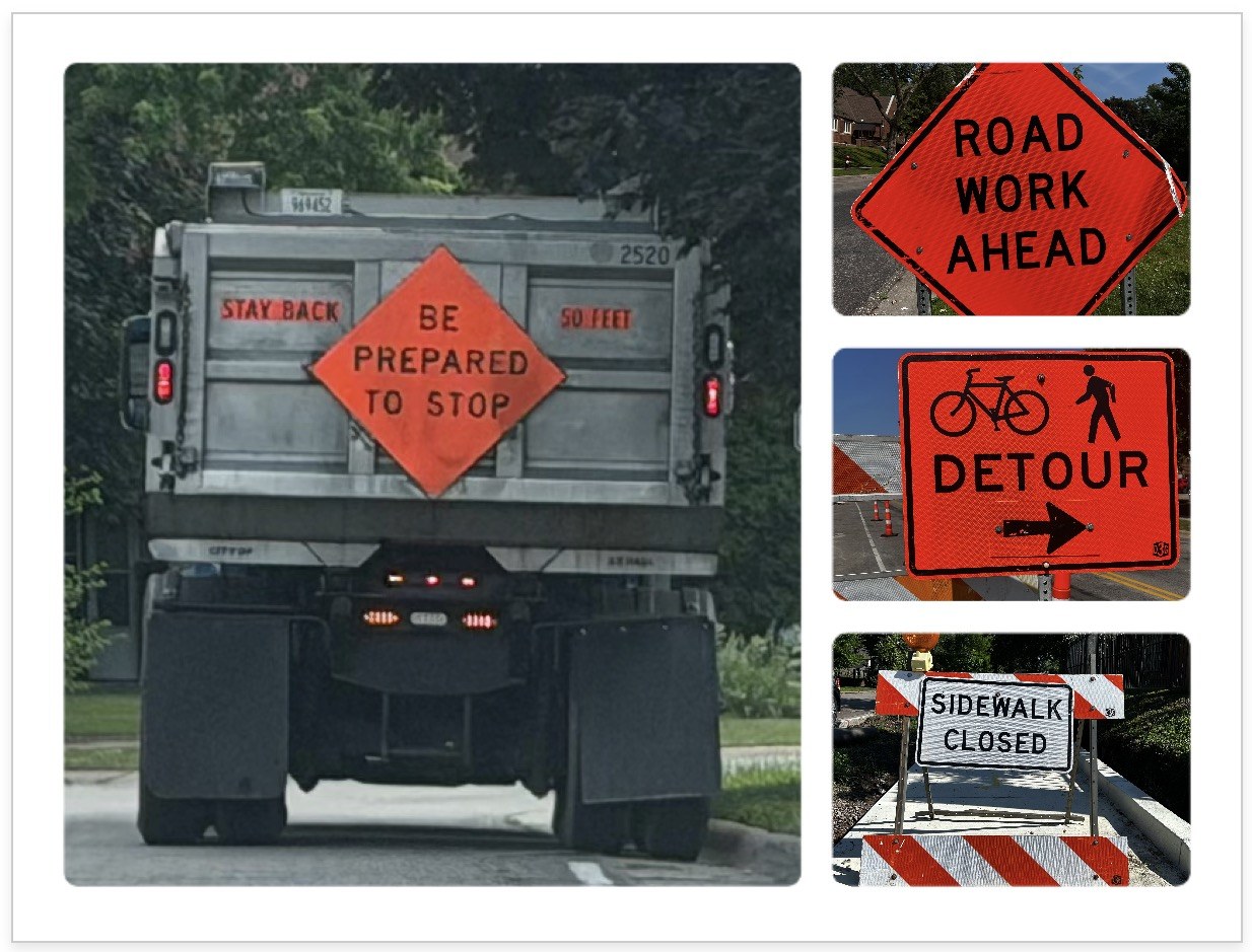 A four-photo collage of summer road work. The large photo at left shows the back of a city dump truck on a tree-lined street, its tailgate carrying an orange diamond sign that reads BE PREPARED TO STOP, flanked by STAY BACK and 50 FEET. Stacked at right: an orange ROAD WORK AHEAD sign, an orange DETOUR sign with a bicycle and a pedestrian, and a SIDEWALK CLOSED barricade.