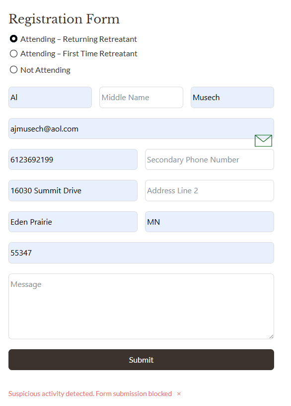 Error message: Suspicious activity detected. Form submission blocked x